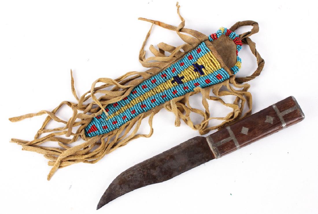 WOOD HANDLE KNIFE W/ BEADWORK SCABBARD (1 of 3)