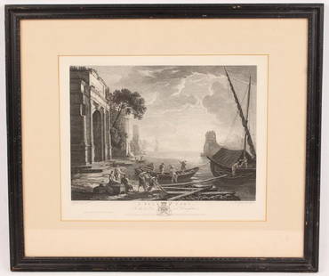 J FARINGTON ENGRAVING A SEA PORT BY CLAUDE LORRAIN: J FARINGTON ENGRAVING A SEA PORT BY CLAUDE LORRAIN Copper engraving by Joseph Farington RA (English,1747-1821) of "A Sea Port" after original painting by Claude Lorrain (French, 17th C), set in