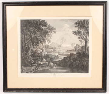 J FARINGTON ENGRAVING THE FISHMAN GASPARD POUSSIN: J FARINGTON ENGRAVING THE FISHMAN GASPARD POUSSIN Copper engraving by Joseph Farington RA (English,1747-1821) of "A Fisherman" after original painting by Gaspard Dughet (Poussin) (French, 17th