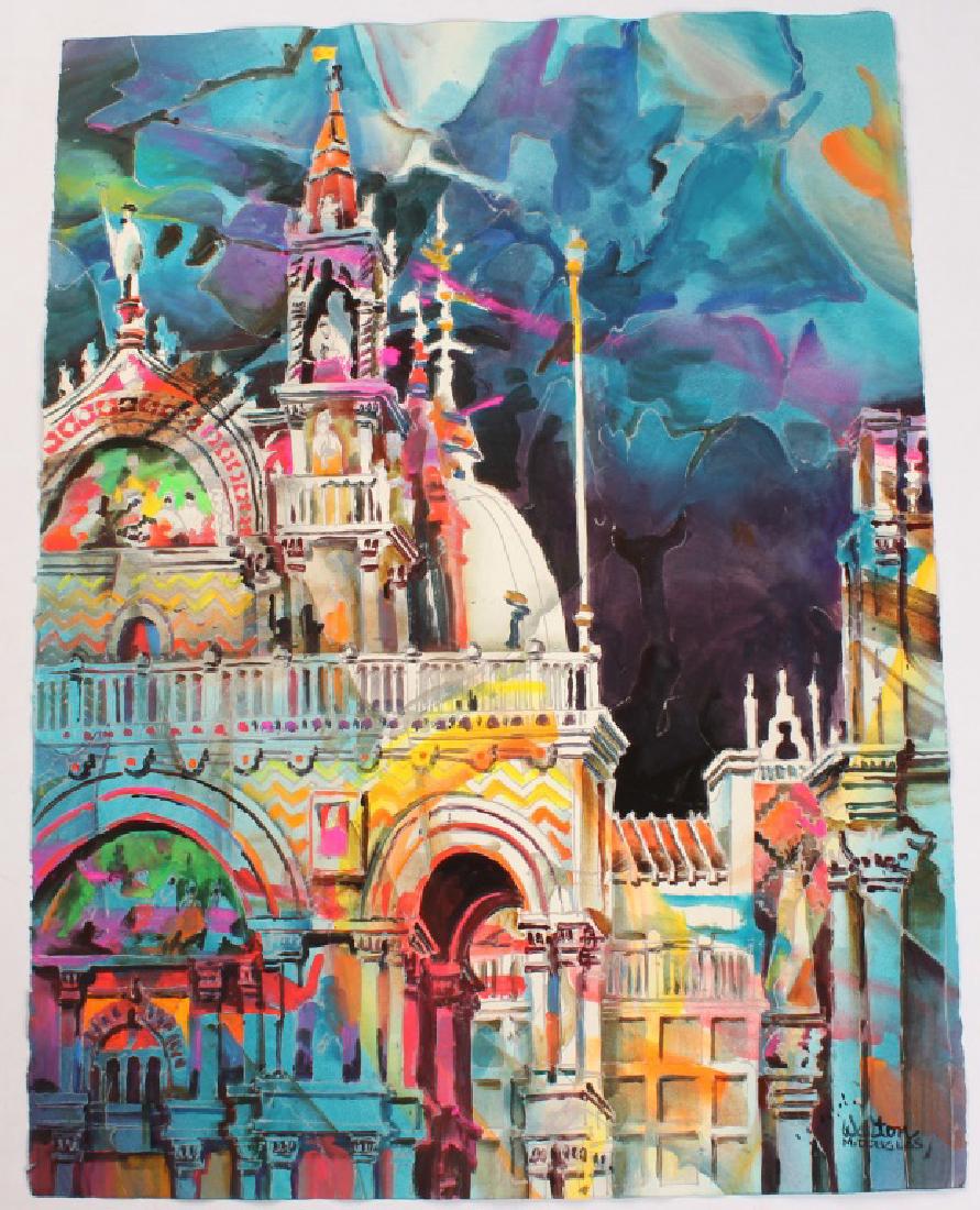 M DOUGLAS WALTON ARCHITECTURAL WATERCOLOR ON PAPER: M DOUGLAS WALTON ARCHITECTURAL WATERCOLOR ON PAPER M. Douglas Walton (American, contemporary) watercolor on paper depicting a neon architectural scene. Unframed. Shipping / Pick-Up: Buyer Pick Up, 3rd
