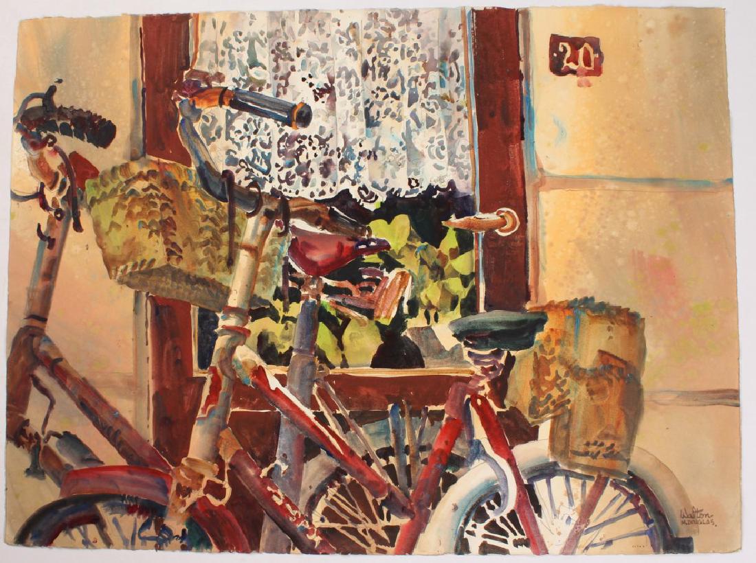 M. DOUGLAS WALTON BICYCLE WATERCOLOR ON PAPER: M. DOUGLAS WALTON BICYCLE WATERCOLOR ON PAPER M. Douglas Walton (American, contemporary) watercolor on paper depicting a garden scene with a bicycle. Unframed. Shipping / Pick-Up: Buyer Pick Up, 3rd P