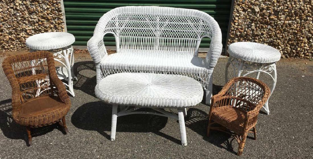 WICKER FURNITURE LOT - TABLES, SEAT, ROCKING CHAIR: WICKER FURNITURE LOT - TABLES, SEAT, ROCKING CHAIR Estate lot of Wicker Furniture, to include 3 tables, bench / love seat, child rocker, and child chair. Size: Varied Shipping / Pickup: Buyer Pick Up,