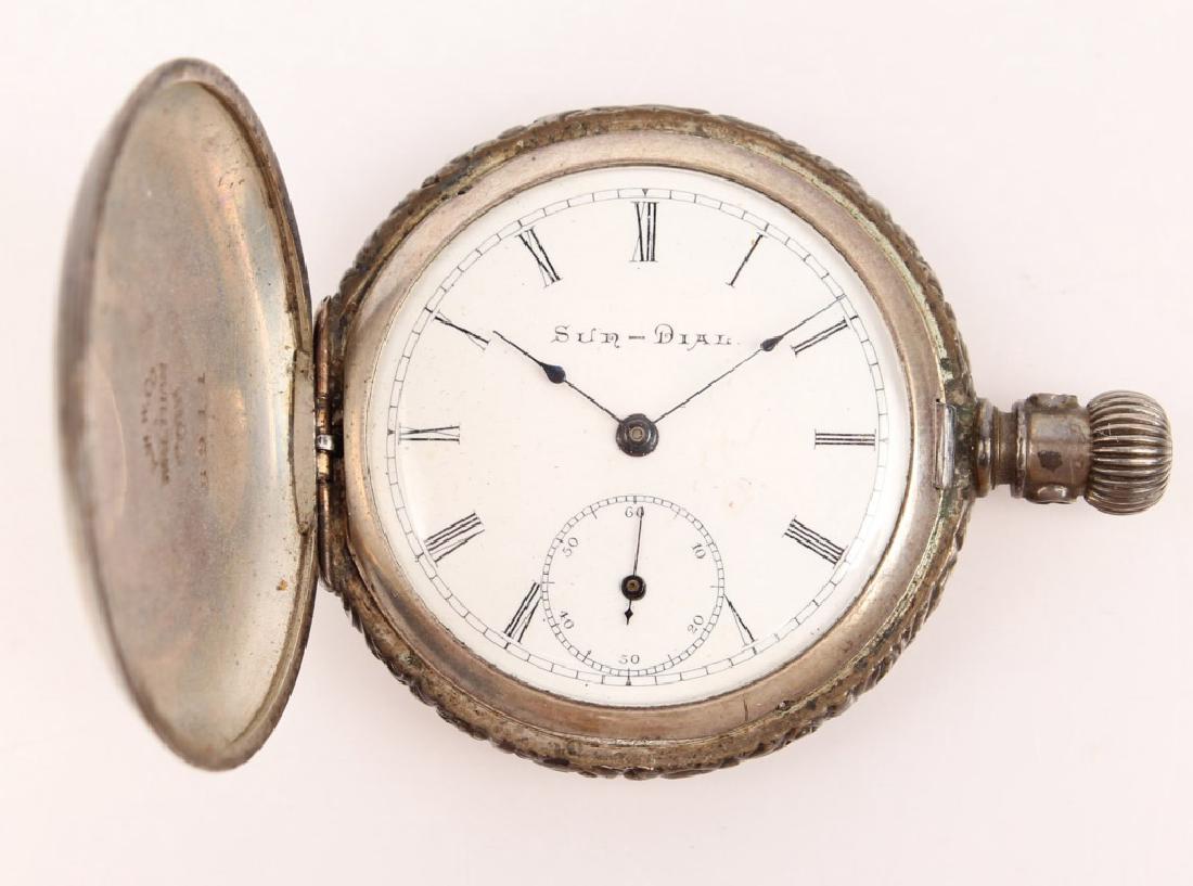 COIN SILVER SUN DIAL POCKETWATCH WALTHAM CASE: COIN SILVER SUN DIAL POCKETWATCH WALTHAM CASE Men's antique Sun Dial pocketwatch in coin silver Waltham case. Monogram to case. Weight: 60.3 grams Size: 41mm Shipping / Pickup: We Can Ship This Item M