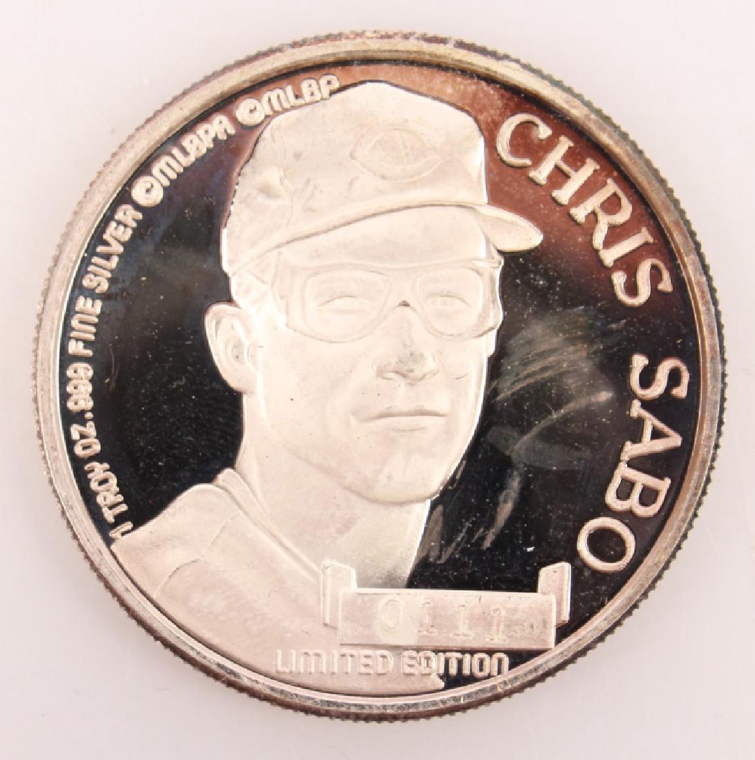 1988 LIMITED EDITION CHRIS SABO 1 OZ. SILVER COIN: 1988 LIMITED EDITION CHRIS SABO 1 OZ. SILVER COIN Limited edition 1988 MLBPA Chris Sabo one ounce coin struck in .999 silver. Weight: 1 Oz. Shipping / Pickup: We Can Ship This Item Limited edition 198