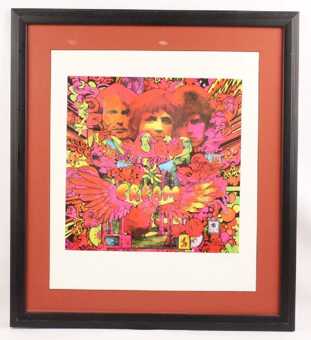 MARTIN SHARP "DISRAELI GEARS" LITHO FRAMED: MARTIN SHARP "DISRAELI GEARS" LITHO FRAMED Martin Sharp (Australian, 1942-2013), lithograph titled "Disraeli Gears" featuring members of the band, Cream. Signed in the lower right corner. Set under pl