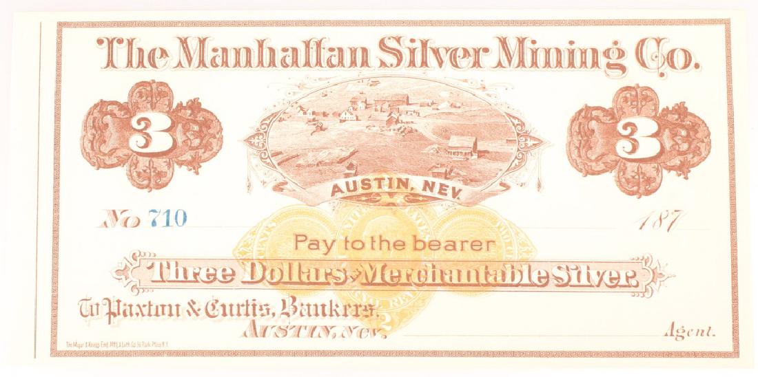 $3.00 MANHATTAN SILVER MINING CO. AUSTIN NEVADA (1 of 3)