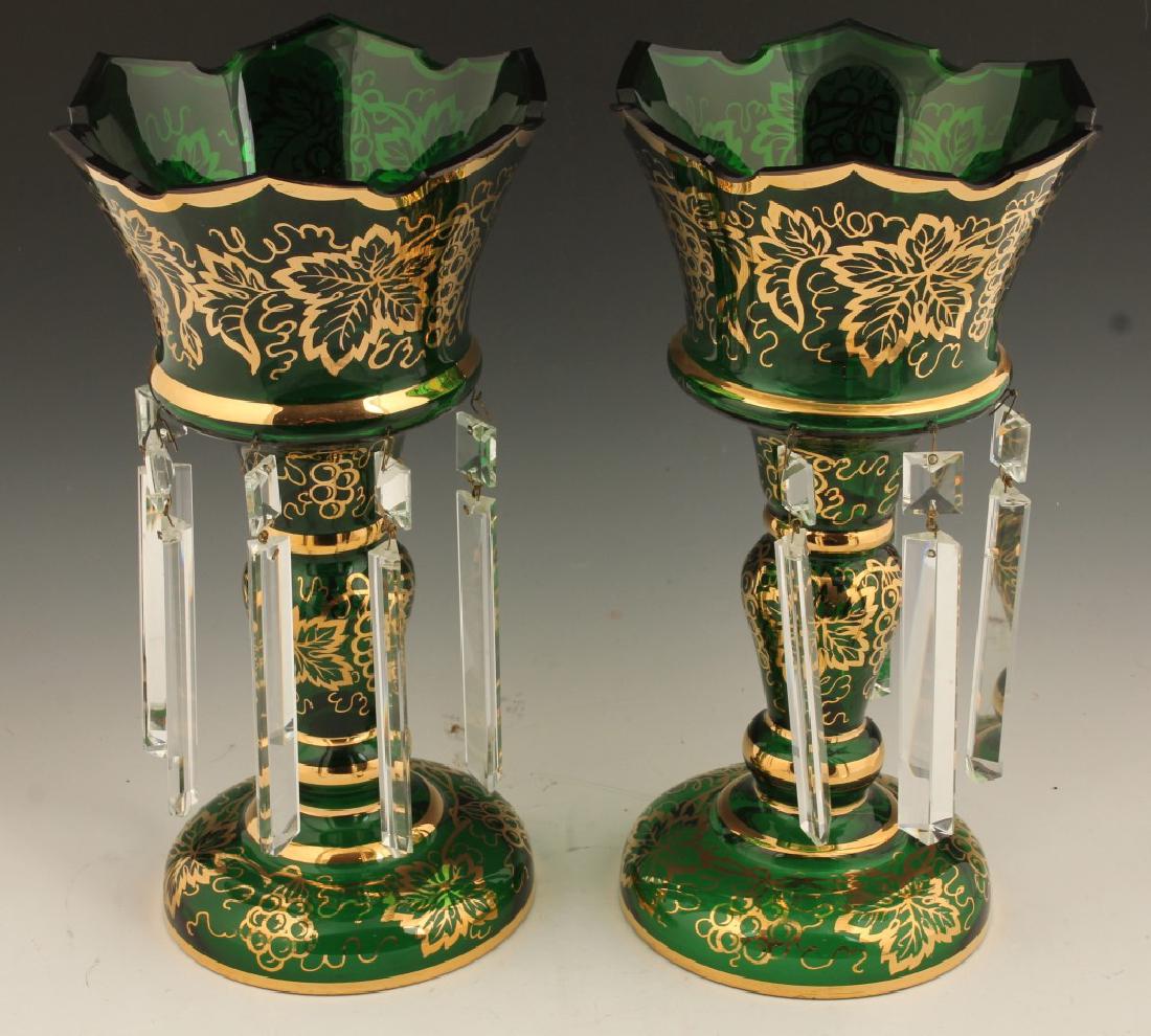 PAIR OF GREEN MANTLE LUSTERS: PAIR OF GREEN MANTLE LUSTERS Pair of green mantle lusters. Size: 13" Shipping / Pickup: Buyer Pick Up, 3rd Party