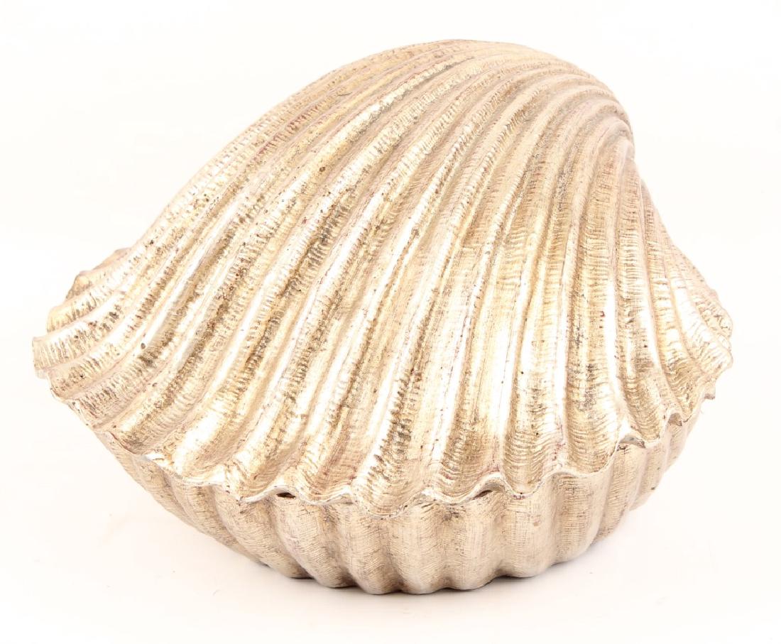 WOODEN SHELL TRINKET BOX: WOODEN SHELL TRINKET BOX Scallop shell box hinged and beautifully finished interior imported by Castilian Imports. Size: 9X12" Shipping / Pickup: We Can Ship This Item
