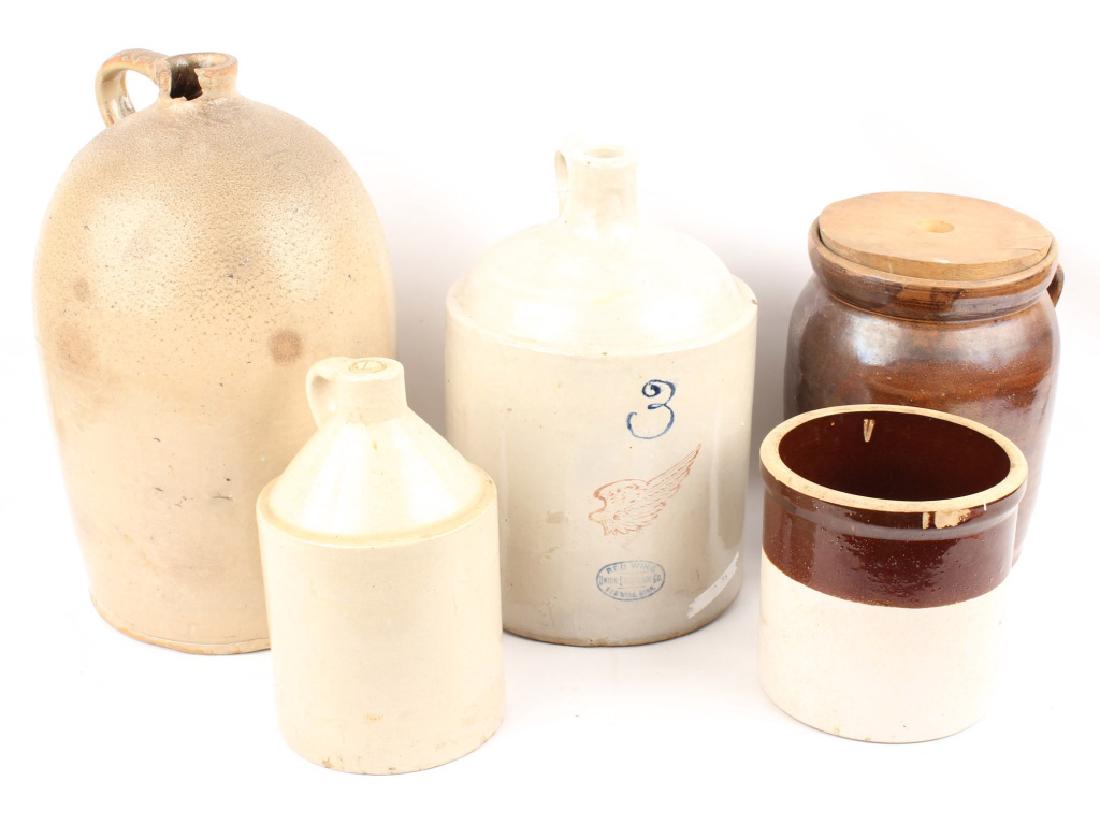 5 STONEWARE LARGE GALLON JUGS & CROCKS: 5 STONEWARE LARGE GALLON JUGS & CROCKS Lot of 5 stoneware pieces, 3 jugs and 2 crock. Four unmarked and one Red Wing Union Stoneware. Size: 11 to 18.5" Shipping / Pickup: Buyer Pick Up, 3rd Party