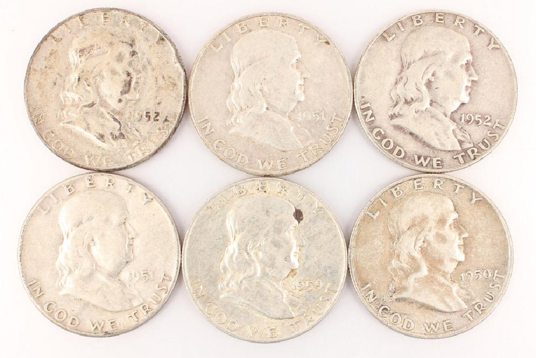 SIX 90% SILVER FRANKLIN HALF DOLLARS (1 of 2)