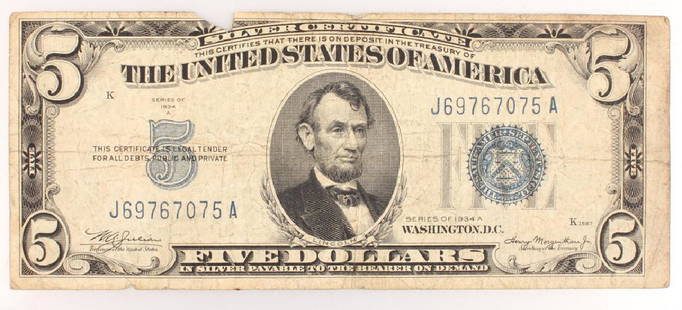 $5.00 LINCOLN SERIES 1934 SILVER CERTIFICATE NOTE: $5.00 LINCOLN SERIES 1934 SILVER CERTIFICATE NOTE Series 1934A Lincoln Blue Seal silver certificate five dollar bill. Shipping / Pickup: We Can Ship This Item