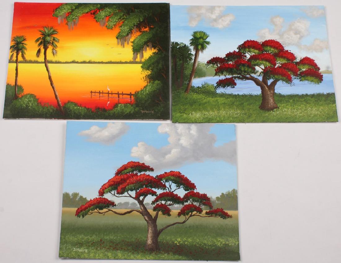 3 DOUGLAS MOORE OIL ON BOARD PAINTINGS: 3 DOUGLAS MOORE OIL ON BOARD PAINTINGS Three Douglas Moore (American, contemporary) oil on board paintings. Each depicting a beach or rural area. All signed "D. Moore" on the front and "Douglas Moore"