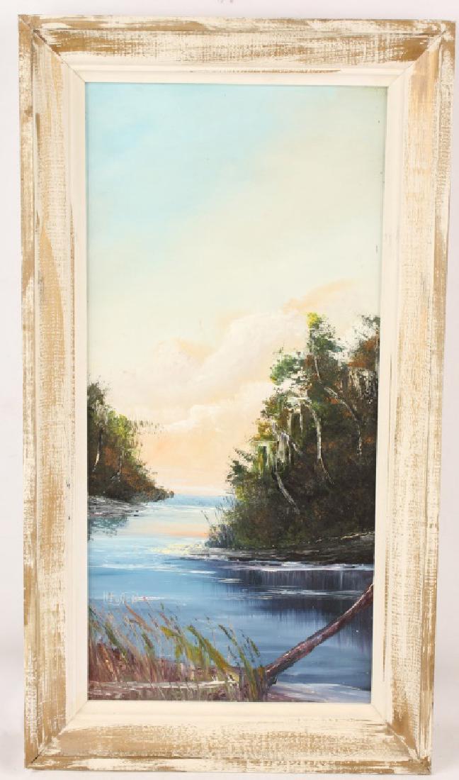 HORACE FOSTER FLORIDA WETLAND OIL ON BOARD: HORACE FOSTER FLORIDA WETLAND OIL ON BOARD Horace Foster (American, 20th Century) oil on board painting depicting a Florida wetland at sunset. Signed at lower right. Unframed. Shipping / Pick-Up: Buye