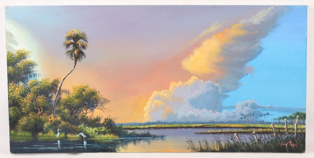 JUAN MAPE FLORIDA WETLAND LANDSCAPE OIL ON CANVAS: JUAN MAPE FLORIDA WETLAND LANDSCAPE OIL ON CANVAS Juan Mape (Contemporary) oil on canvas painting depicting a Florida wetland and bent palm sunset. Signed at lower right. Unframed. Shipping / Pick-Up:
