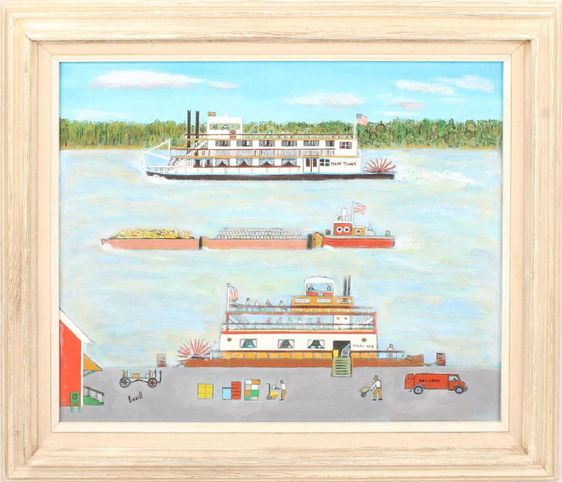 SIGNED LINVILL RIVER BOAT SCENE OIL ON CANVAS (1 of 4)