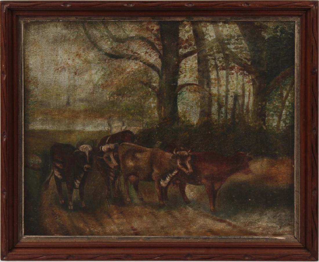 19TH CENTURY FRAMED COWS OIL ON BOARD (1 of 3)