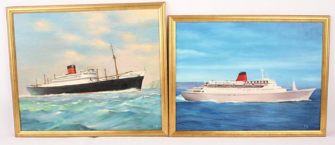 2 JUNIOR BROWN NAUTICAL SHIP PAINTINGS OIL / BOARD (1 of 4)