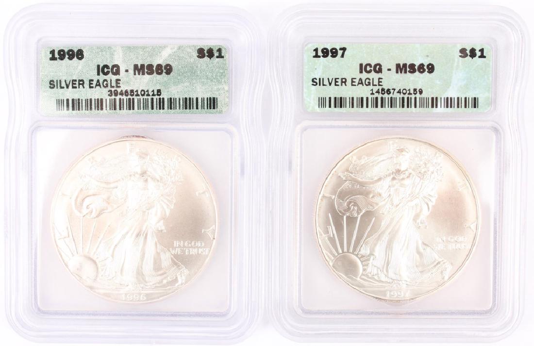1996 & 1997 ICG GRADED MS69 SILVER EAGLE 1OZ COINS (1 of 3)