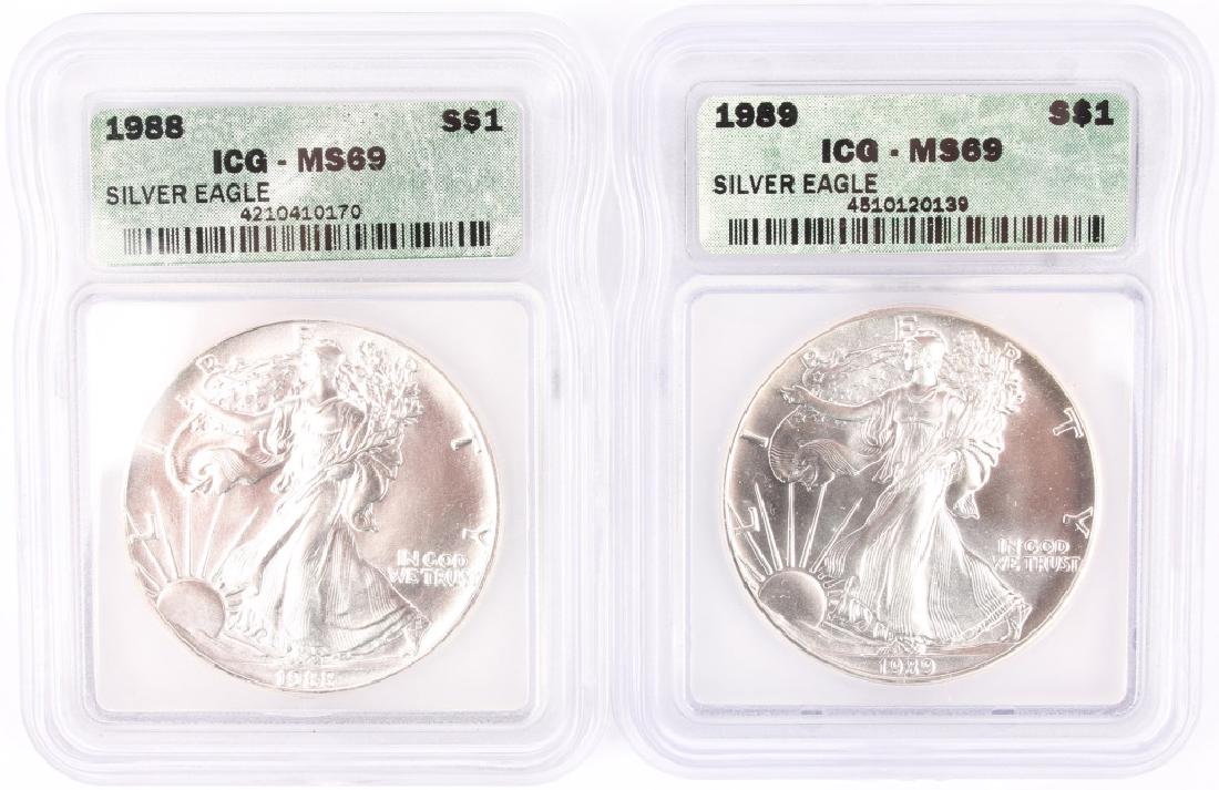 1988 & 1989 ICG GRADED MS69 SILVER EAGLE 1OZ COINS (1 of 3)