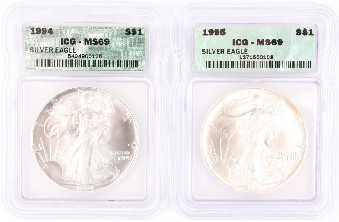 1994 & 1995 ICG GRADED MS69 SILVER EAGLE 1OZ COINS (1 of 3)