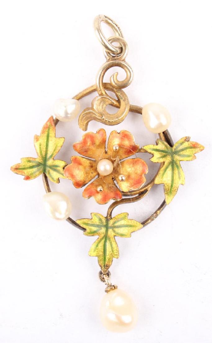 14K YELLOW GOLD ENAMEL SEED PEARL FLORAL PENDANT (1 of 3)