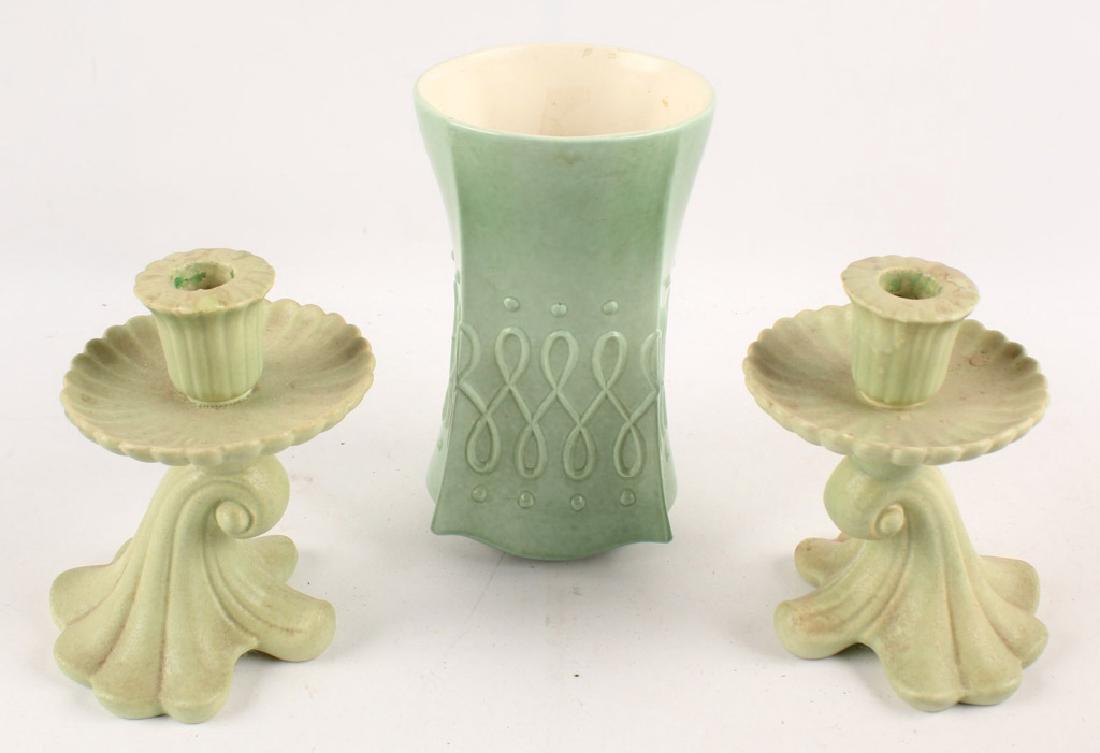 GREEN PORCELAIN RED WING USA VASE & CANDLESTICKS (1 of 4)