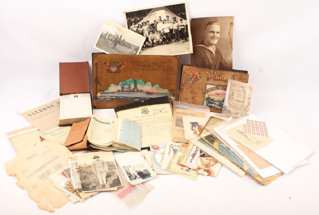 MIXED WWI & WWII LITERATURE PHOTOGRAPHS CARDS ETC.: MIXED WWI & WWII LITERATURE PHOTOGRAPHS CARDS ETC. Large lot of mixed primarily World War I and World War II era military literature including Navy logs, photographs, post cards, registration cards, a