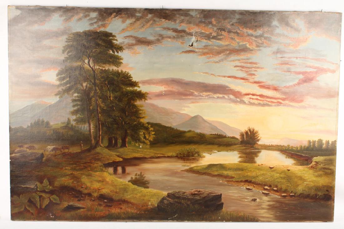 LARGE UNSIGNED RUSTIC OIL ON CANVAS PAINTING (1 of 6)