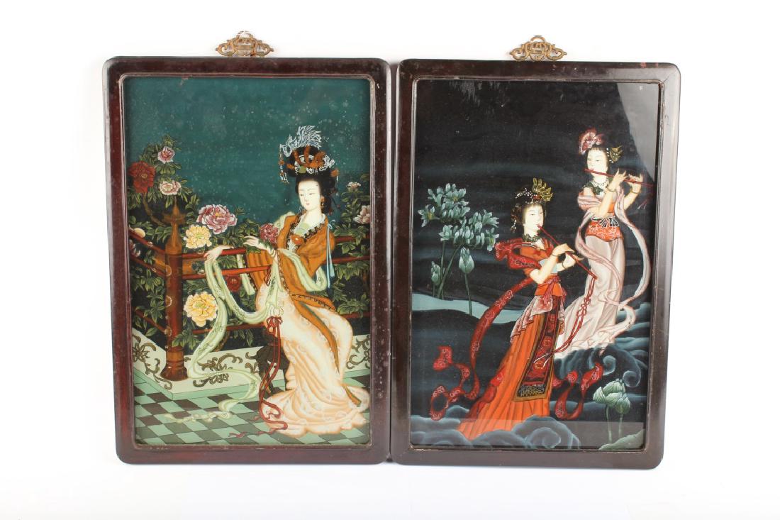 PAIR OF CHINESE REVERSE PAINTED WALL HANGINGS (1 of 4)