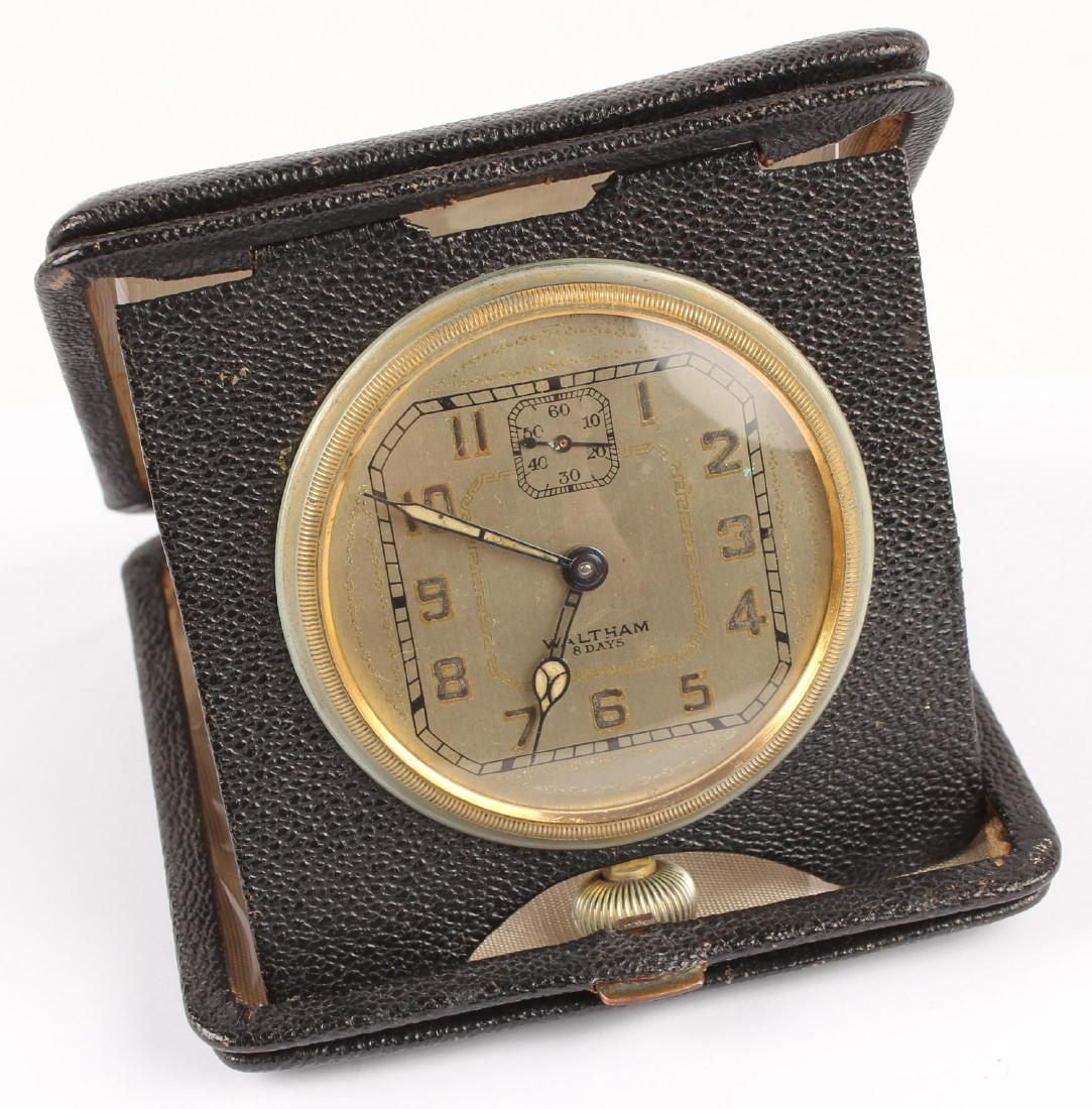 WALTHAM 8 DAYS TRAVEL CLOCK IN LEATHER CASE (1 of 5)