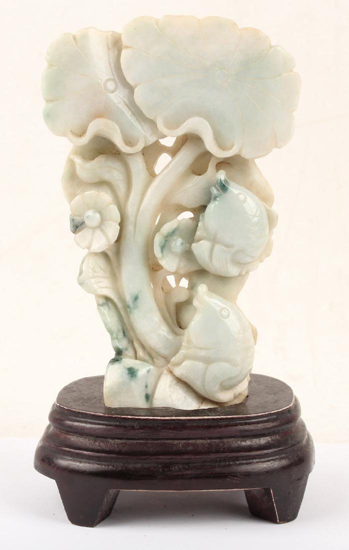 GREEN AND WHITE JADE CARVING W/ WOODEN BASE (1 of 4)