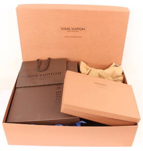 EMPTY LOUIS VUITTON BOXES AND ACCESSORIES: EMPTY LOUIS VUITTON BOXES AND ACCESSORIES Mixed lot of empty Louis Vuitton desiger inner and outer boxes, pouches, and shopping bags. Size: 8.5 x 7" to 15.5 x 19" Shipping / Pickup: We Can Ship This I