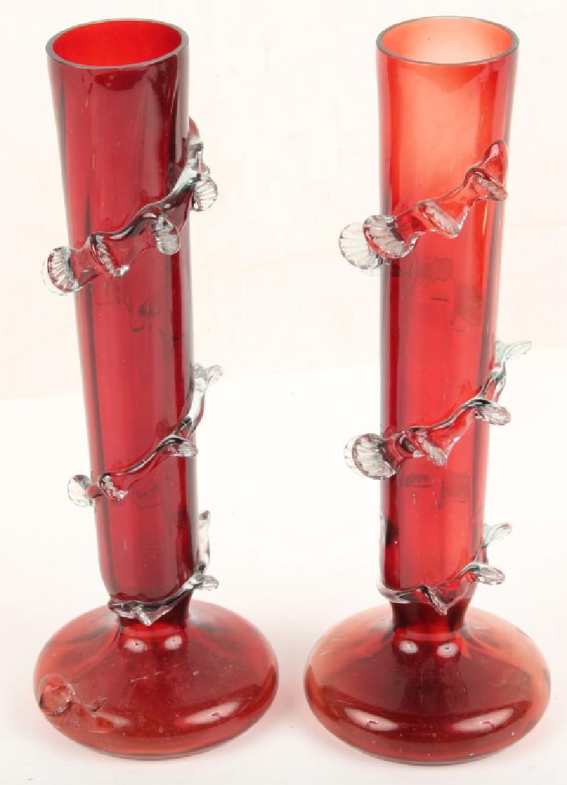 PAIR RED ART GLASS VASES (1 of 4)