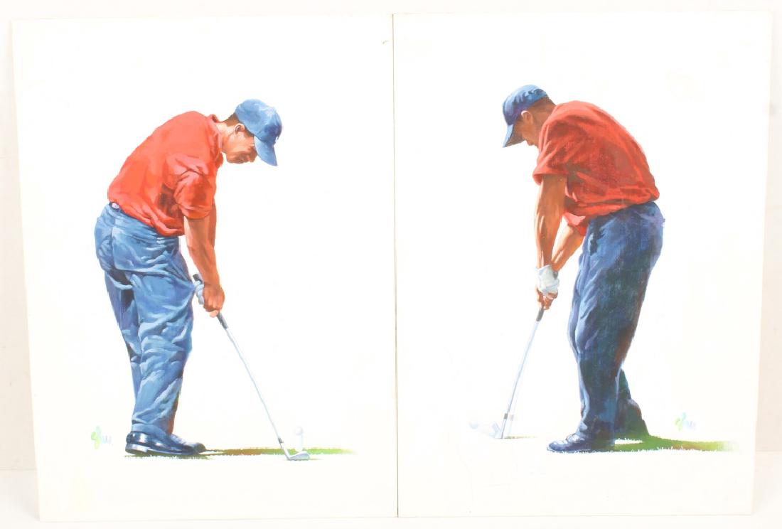 PAIR GOUACHE ON BOARD TIGER WOODS PAINTINGS SIGNED (1 of 5)