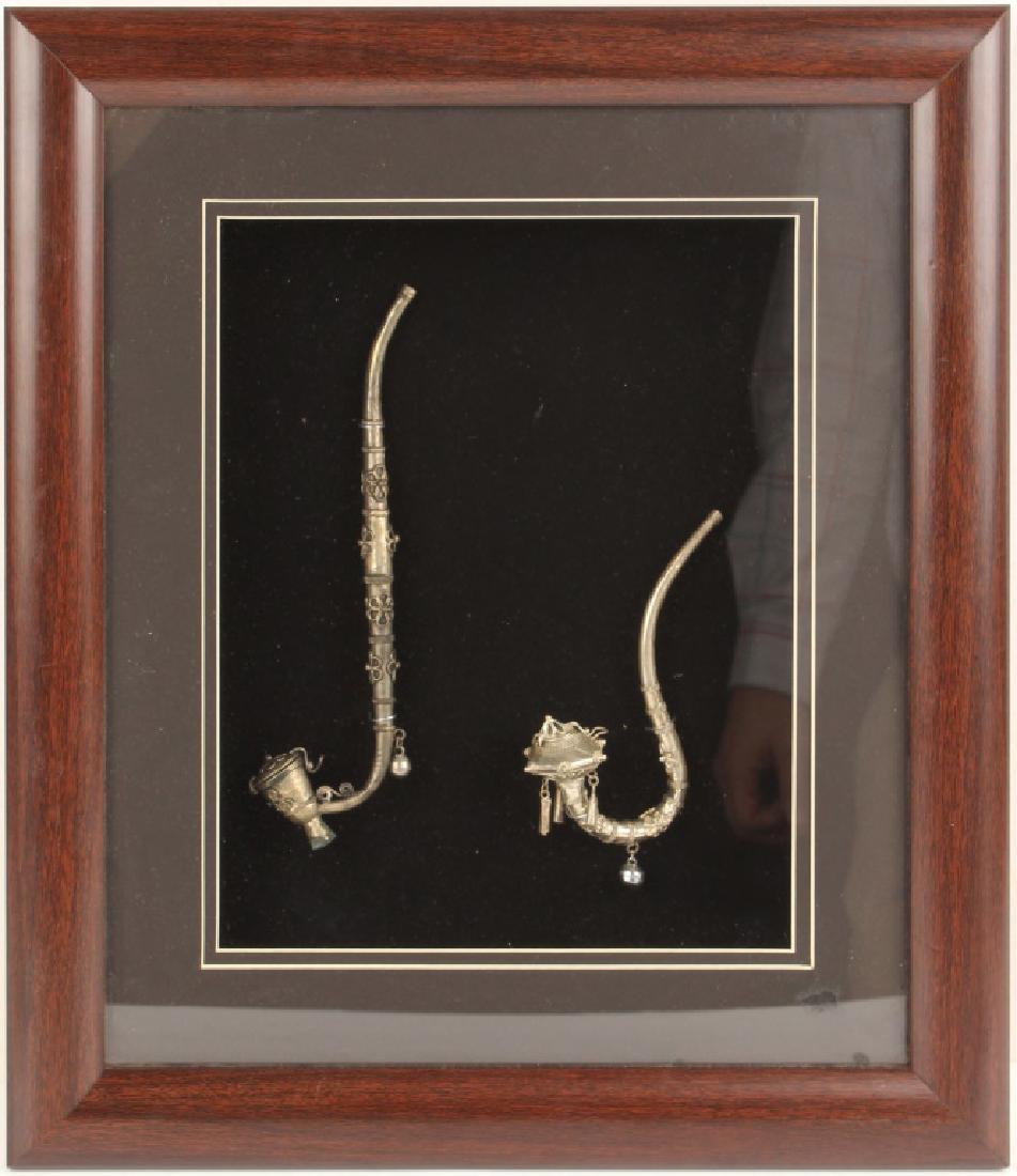 SILVER TONE OPIUM PIPES SET IN SHADOW BOX (1 of 2)