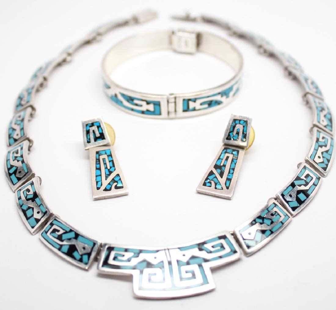 STERLING TAXCO TURQUOISE & ENAMEL JEWELRY SET (1 of 6)