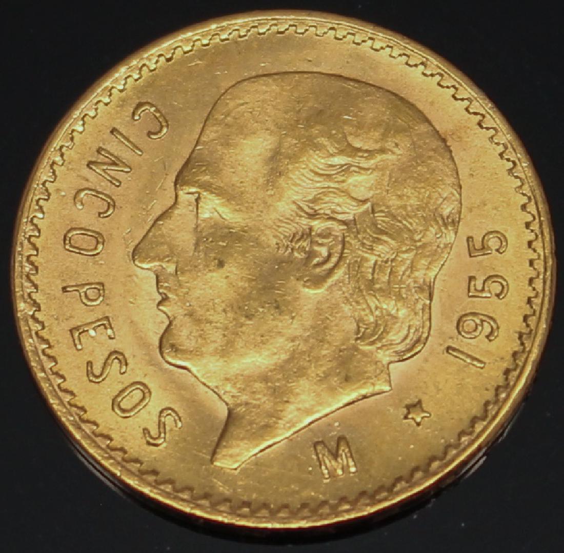 5 PESO MEXICAN 1955 M GOLD COIN: 5 PESO MEXICAN 1955 M GOLD COIN 1955 Mexico cinco peso gold coin. Obverse depicts profile of Miguel Hidalgo, reverse features eagles triumph over the serpent. Weight: 4.16 grams Shipping / Pickup: We 