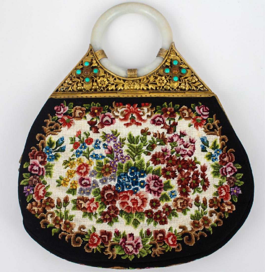 NEEDLEPOINT PURSE W/ CHINESE JADE HANDLE & ACCENTS (1 of 4)