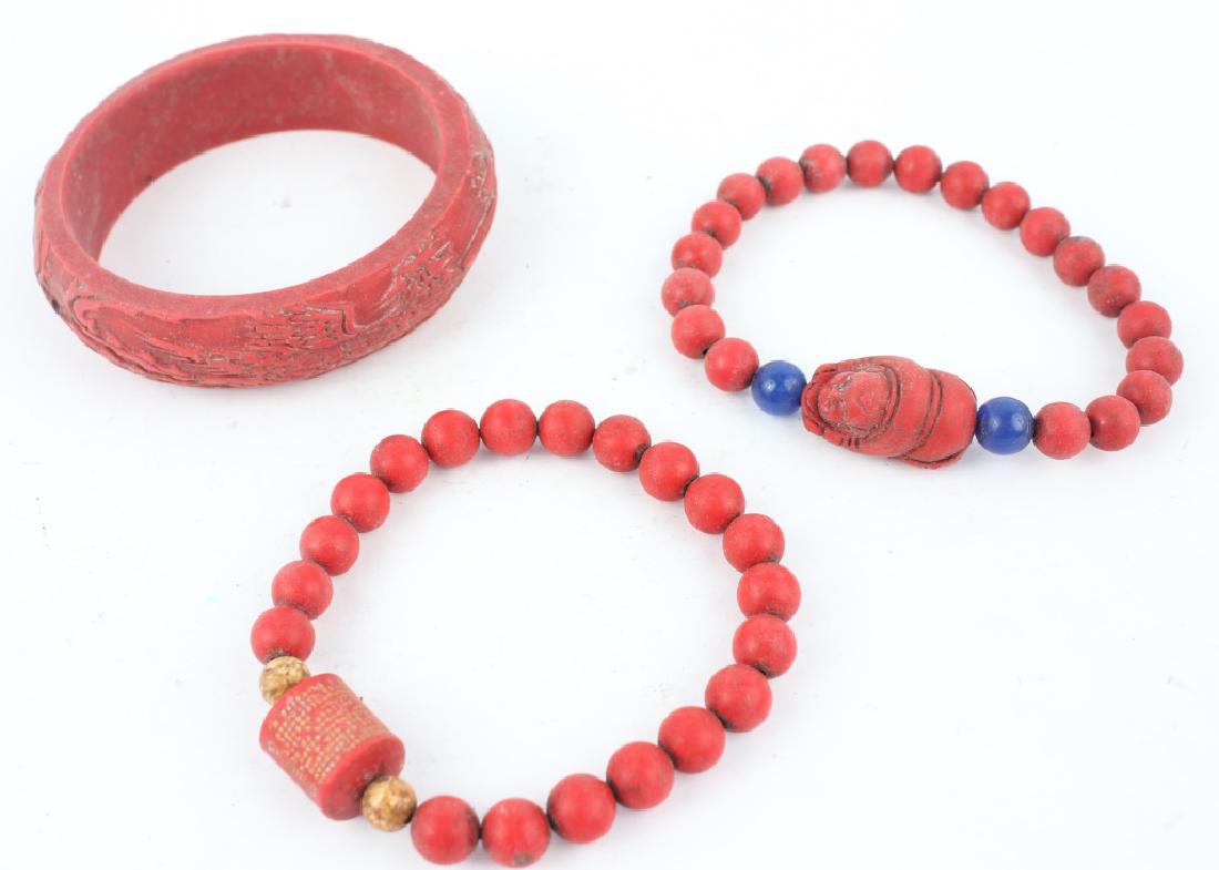 CHINESE CINNABAR BEADED & BANGLE BRACELETS - 3 PC (1 of 4)