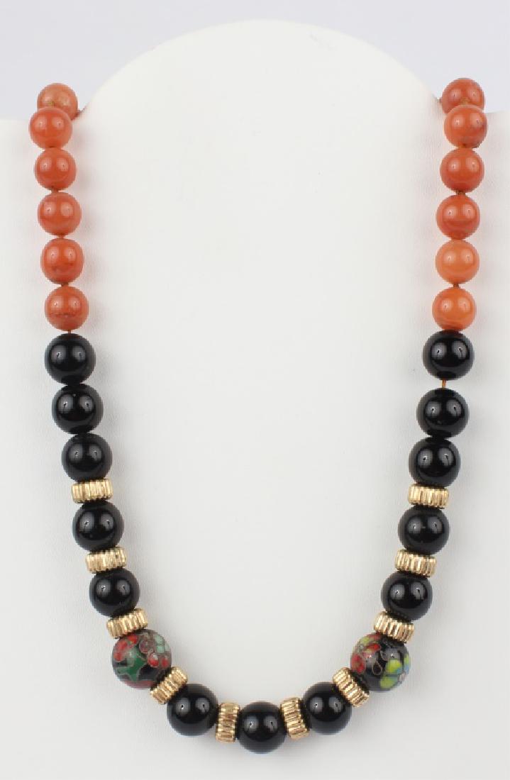 CLOISONNE, ONYX, & CARNELIAN BEADED NECKLACE: CLOISONNE, ONYX, & CARNELIAN BEADED NECKLACE Beaded necklace with onyx, carnelian, and cloisonne beads. Size: 24" Shipping / Pickup: We Can Ship This Item