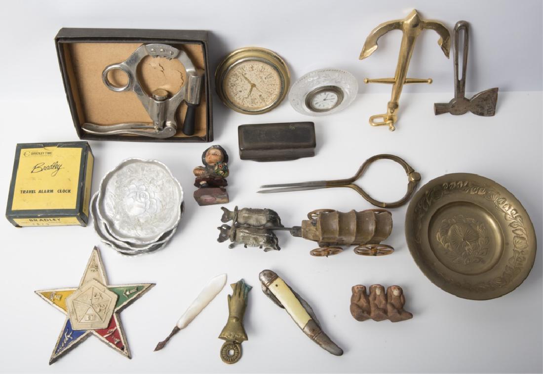 COLLECTIBLES LOT - POCKET KNIFE WINE OPENER & MORE: COLLECTIBLES LOT - POCKET KNIFE WINE OPENER & MORE Mixed lot of small items including a pocket knife, small figurines, a brass anchor, a travel alarm clock, personal care items, a small wooden box, a 