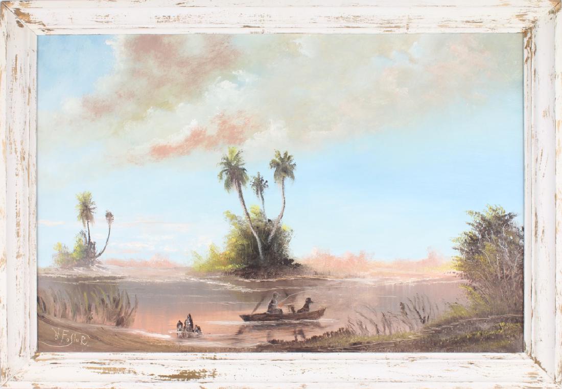 HORACE FOSTER FLORIDA LANDSCAPE OIL ON BOARD: HORACE FOSTER FLORIDA LANDSCAPE OIL ON BOARDHorace Foster (American, 20th C.), oil on masonite, depicting a man and his dog fishing on a Florida landscape, signed lower left. Set in white wood frame. 