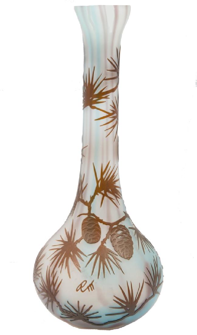 SIGNED "RM" BOHEMIAN CAMEO ART GLASS VASE: SIGNED "RM" BOHEMIAN CAMEO ART GLASS VASE Pinecone and pine branch motif cameo art glass blue and coppertone vase, white and purple stripes vertically, signed "R. M." in design. Size: 14.5 x 6.5 x 6.5