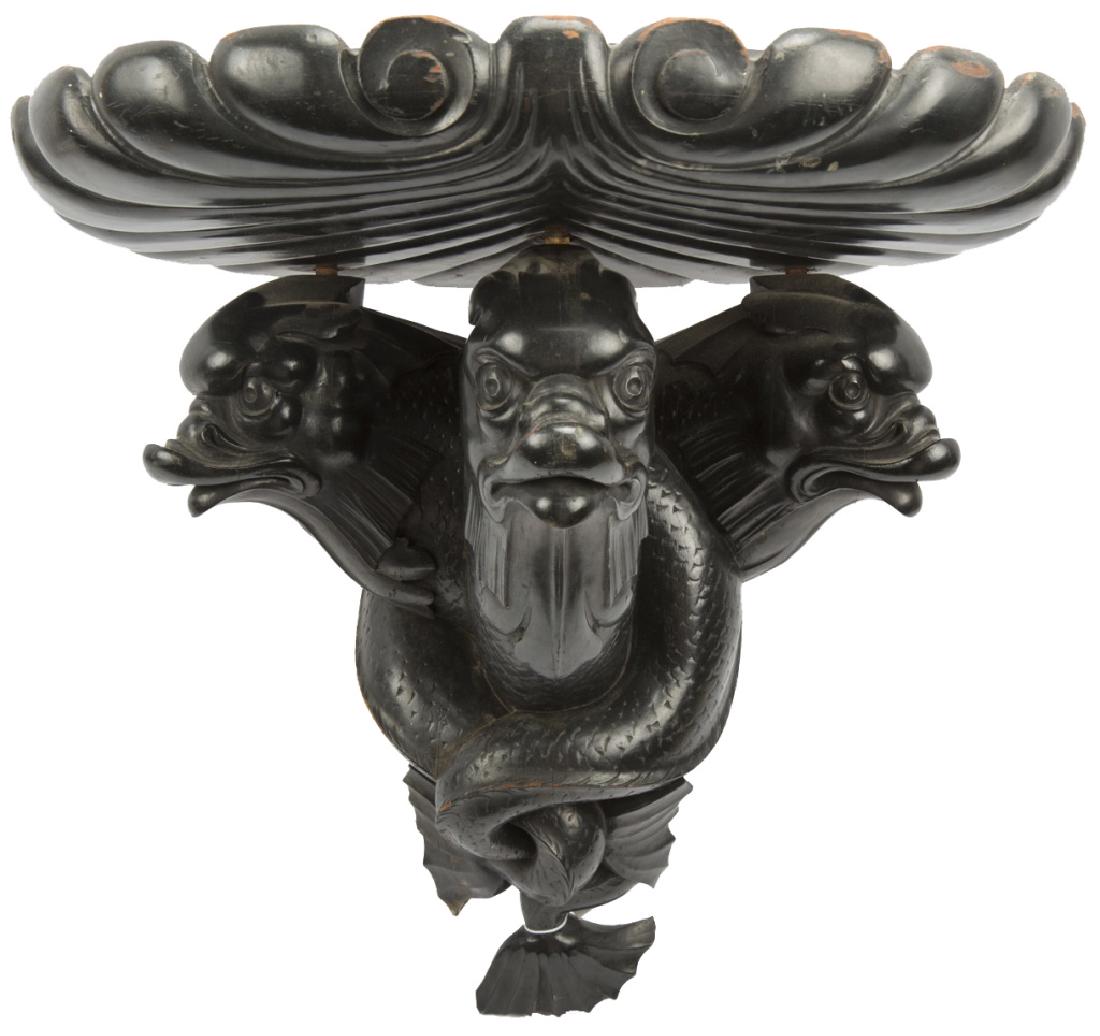 CARVED WOOD ASIAN KOI FISH SHELF BRACKET: CARVED WOOD ASIAN KOI FISH SHELF BRACKET 20th century painted black shelf bracket with intertwined koi fish design to support. Size: 16 x 15 x 12" Shipping / Pickup: Buyer Pick Up, 3rd Party