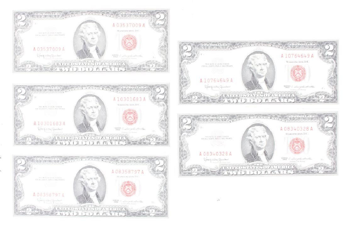 RED SEAL TWO DOLLAR BILLS 1963 SERIES LOT OF 5 (1 of 2)
