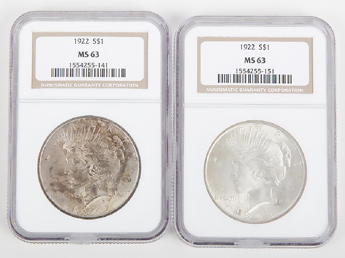 1922 PEACE DOLLARS NGC CERTIFIED MS63 -- LOT OF 2 (1 of 2)