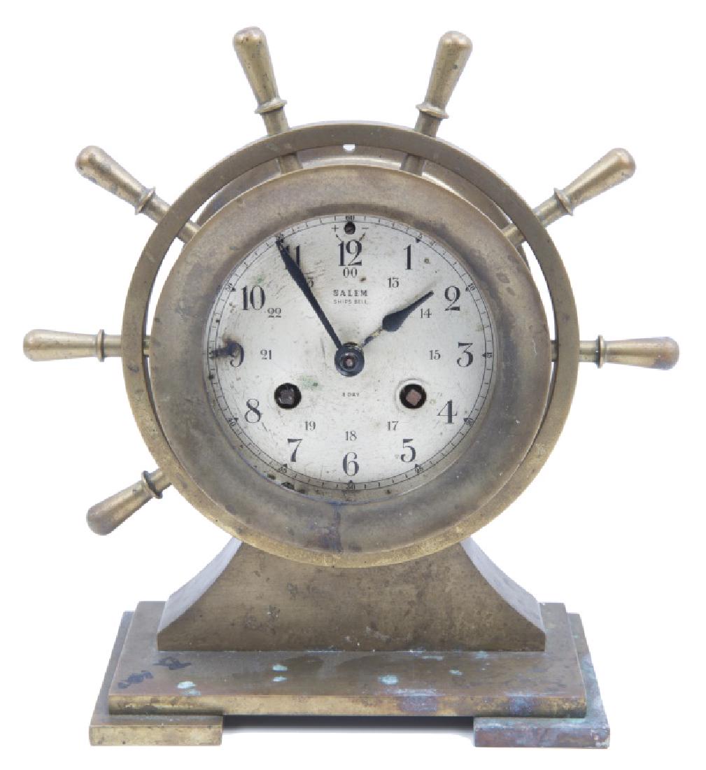 BRASS SALEM SHIPS BELL 8 DAY WHEEL CLOCK