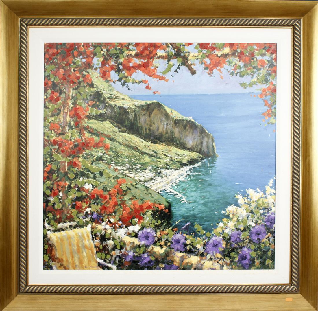 MARKO MAVROVICH SAILING INTO CAPRI GICLEE IN COLOR: MARKO MAVROVICH SAILING INTO CAPRI GICLEE IN COLOR Marko Mavrovich giclee in color on canvas with hand embellishments. Titled "Sailing into Capri". 2005, Signed in ink. Canvas: 28" x 28" Size: 34" x 3