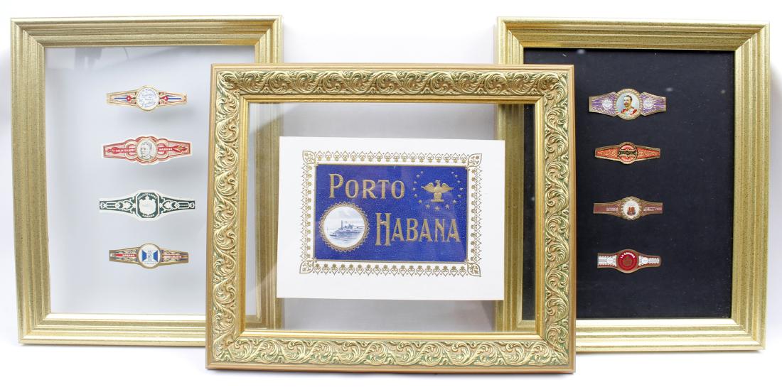 FRAMED CIGAR WRAPPERS - LOT OF THREE: FRAMED CIGAR WRAPPERS - LOT OF THREE Lot of three historic Cuban framed cigar wrappers. in gold frames. Size: 9.5" x 11.5" Shipping / Pickup: We Can Ship This Item