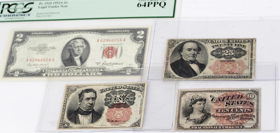 UNITED SATATES FRACTIONAL CURRENCY - LOT OF 3: UNITED SATATES FRACTIONAL CURRENCY - LOT OF 3 United States fractional currency. Including one red seal two dollar bill 1953. (1) ten cents bill 1863, (1) 25 cents bill 1874 and (1) ten cents bill 187